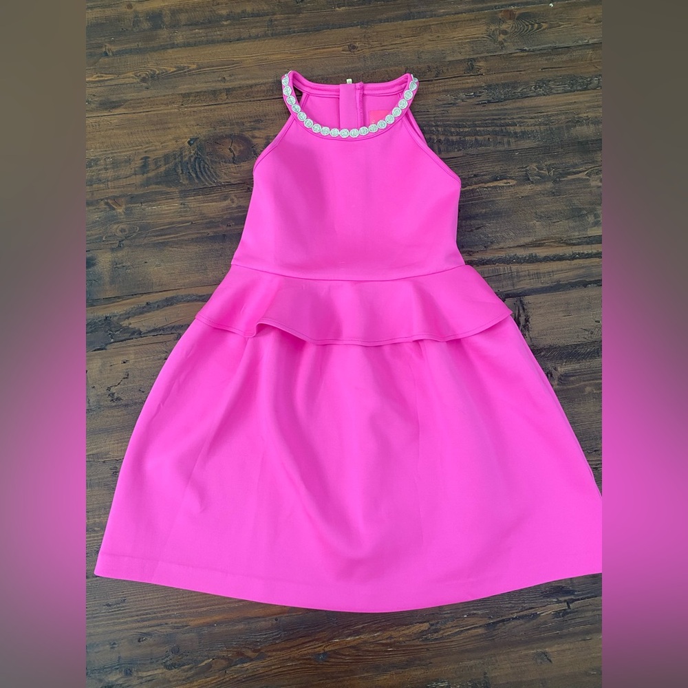 Sz 8-10 Lilly Pulitzer shocking pink halter dress with gold detail on neckline